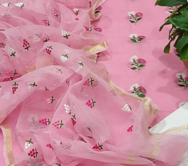 Pure Kota Doriya Embroidery Work Unstitched Suit With Bottom.