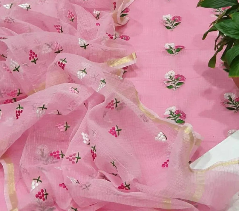 Pure Kota Doriya Embroidery Work Unstitched Suit With Bottom.