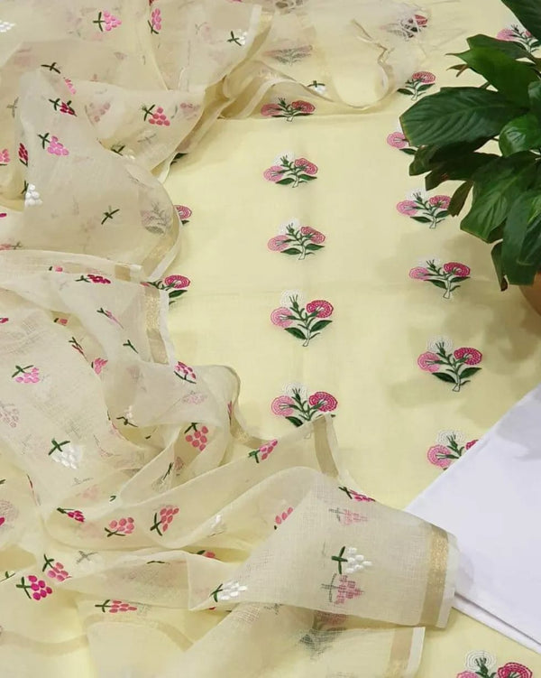 Pure Kota Doriya Embroidery Work Unstitched Suit With  Bottom.