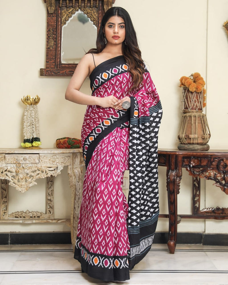 Pure Hand Printed Cotton Sarees With Blouse
