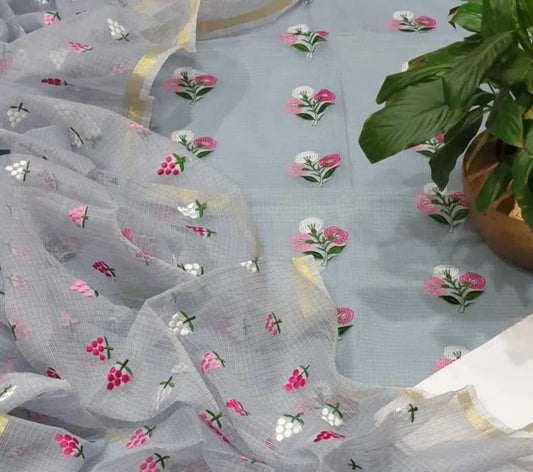 Pure Kota Doriya Embroidery Work Unstitched Suit With Bottom.