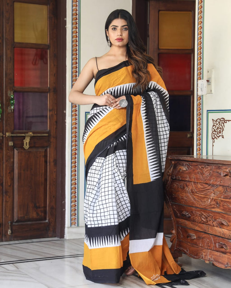 Pure Hand Printed Cotton Sarees With Blouse