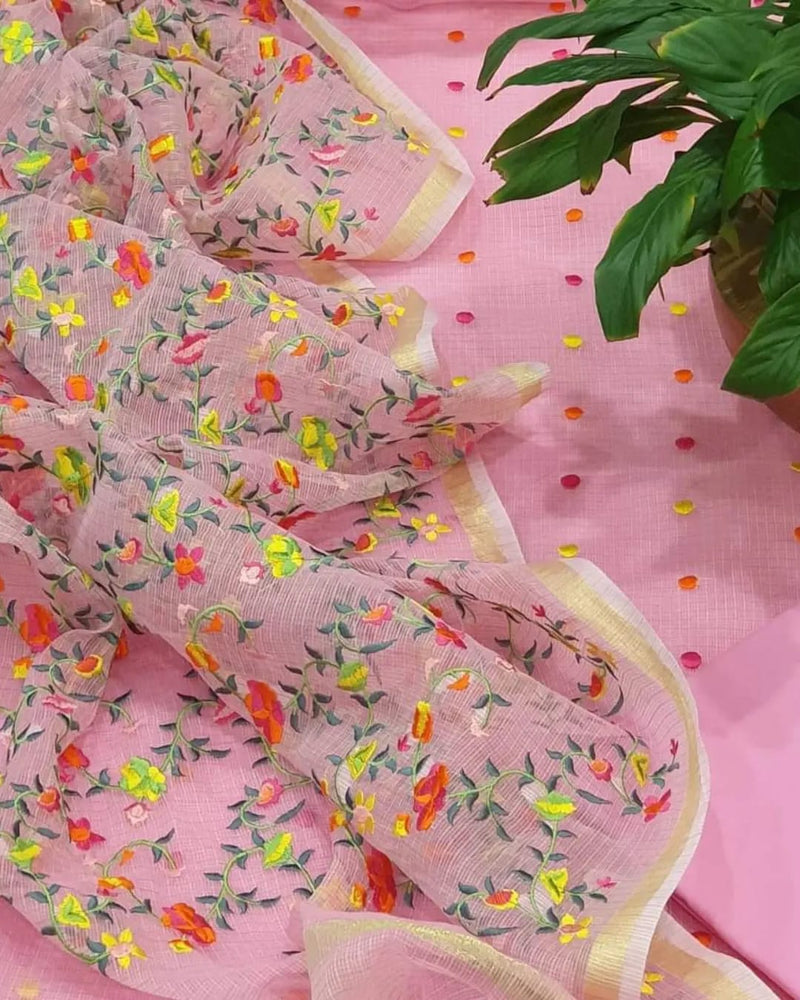 Pure Kota Doriya Embroidery Work Unstitched Suit With Bottom.