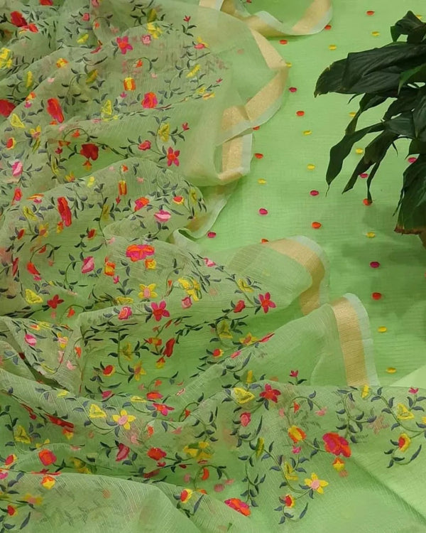 Pure Kota Doriya Embroidery Work Unstitched Suit With Bottom.