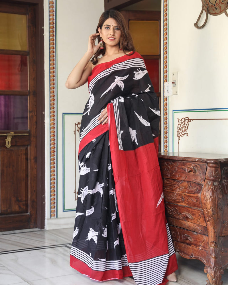 Pure Hand Printed Cotton Sarees With Blouse