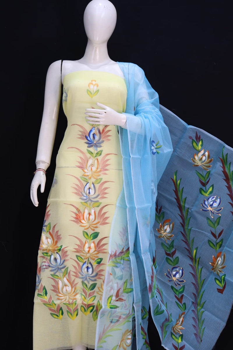 Pure Cotton Kota Doriya Hand Brush Print Unstitched Suit With Dupatta (Without Bottom )