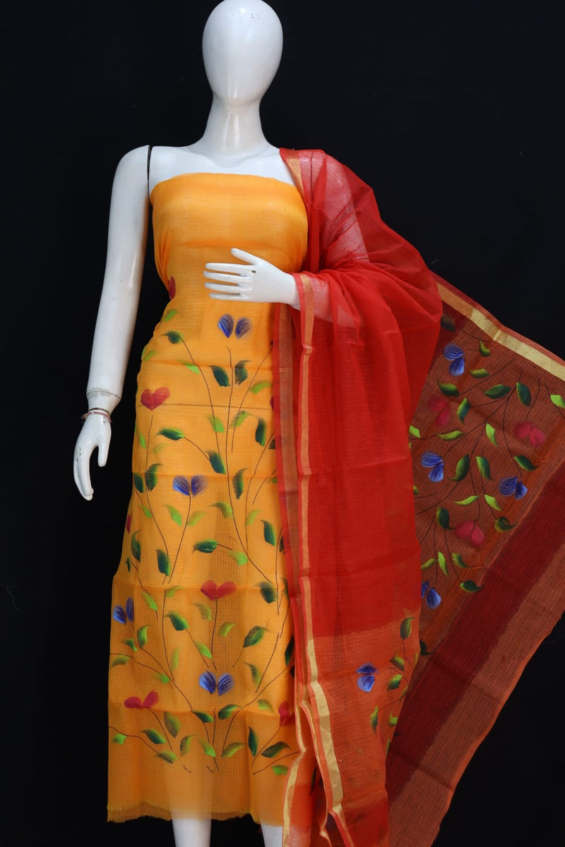 Pure Cotton Kota Doriya Hand Brush Print Unstitched Suit With Dupatta (Without Bottom )