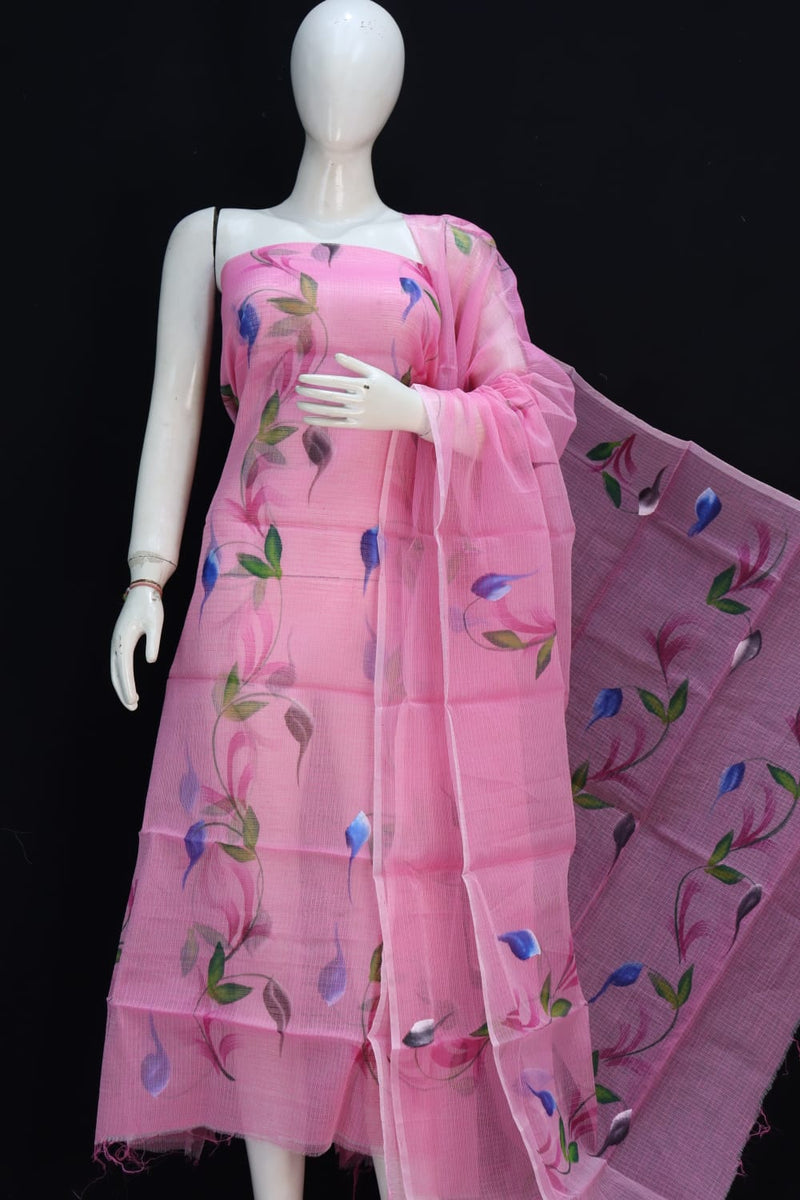 Pure Cotton Kota Doriya Hand Brush Print Unstitched Suit With Dupatta (Without Bottom )