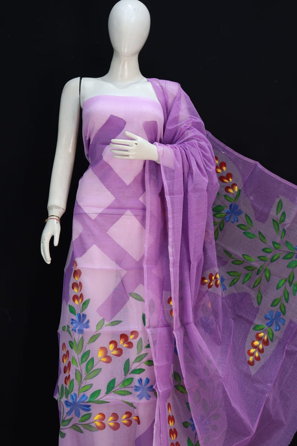 Pure Cotton Kota Doriya Hand Brush Print Unstitched Suit With Dupatta (Without Bottom )