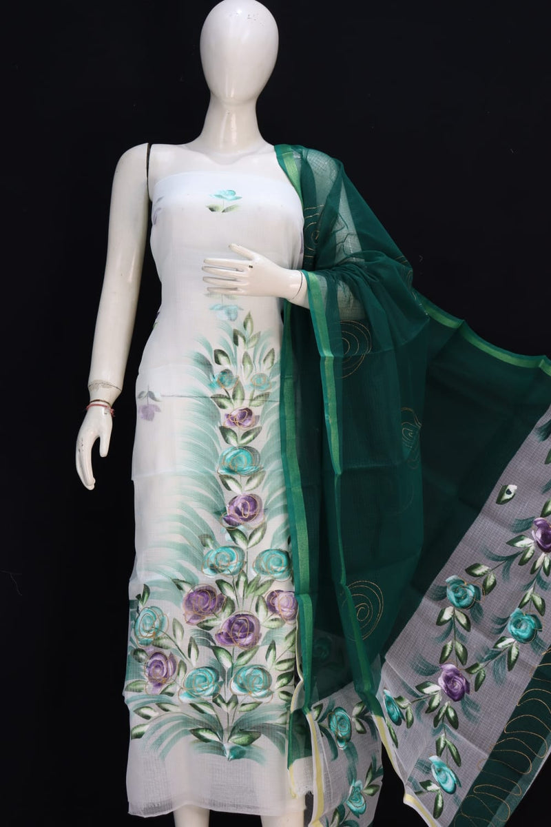 Pure Cotton Kota Doriya Hand Brush Print Unstitched Suit With Dupatta (Without Bottom )