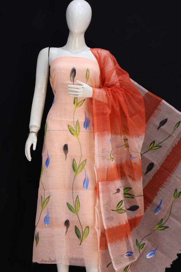 Pure Cotton Kota Doriya Hand Brush Print Unstitched Suit With Dupatta (Without Bottom )