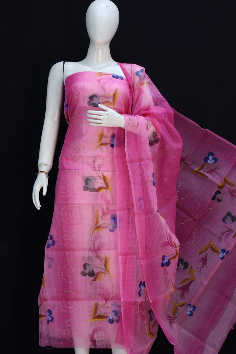 Pure Cotton Kota Doriya Hand Brush Print Unstitched Suit With Dupatta (Without Bottom )
