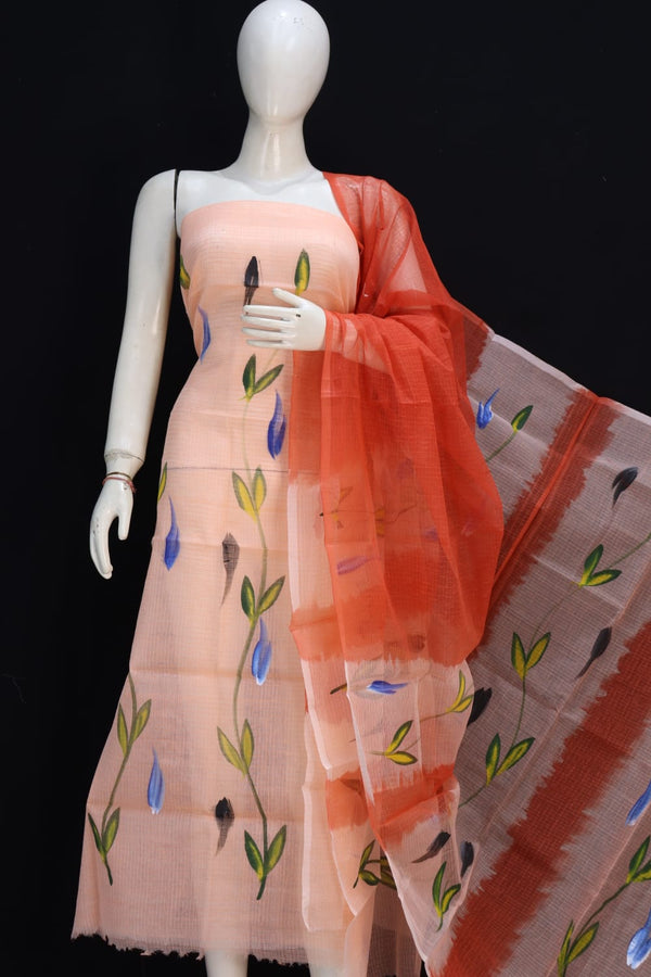 Pure Kota Doriya Hand Brush Print Unstitched Suit With Dupatta & Bottom