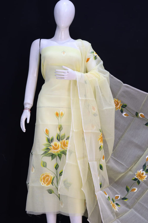 Pure Cotton Kota Doriya Hand Brush Print Unstitched Suit With Dupatta (Without Bottom )