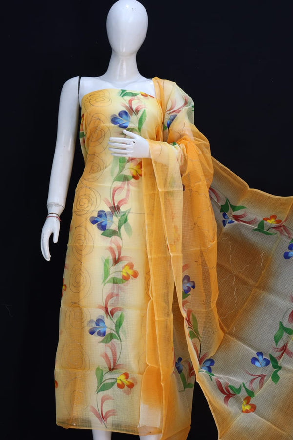 Pure Cotton Kota Doriya Hand Brush Print Unstitched Suit With Dupatta (Without Bottom )