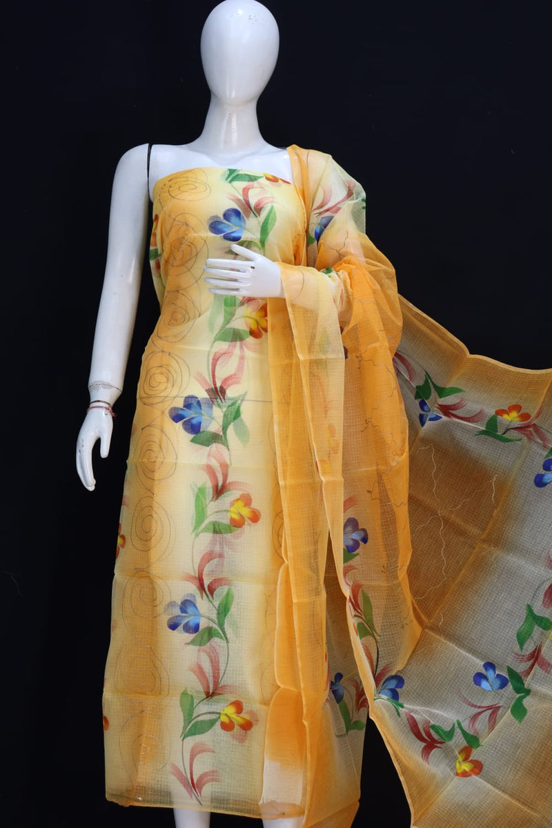 Pure Cotton Kota Doriya Hand Brush Print Unstitched Suit With Dupatta (Without Bottom )