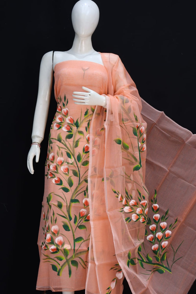 Pure Cotton Kota Doriya Hand Brush Print Unstitched Suit With Dupatta (Without Bottom )