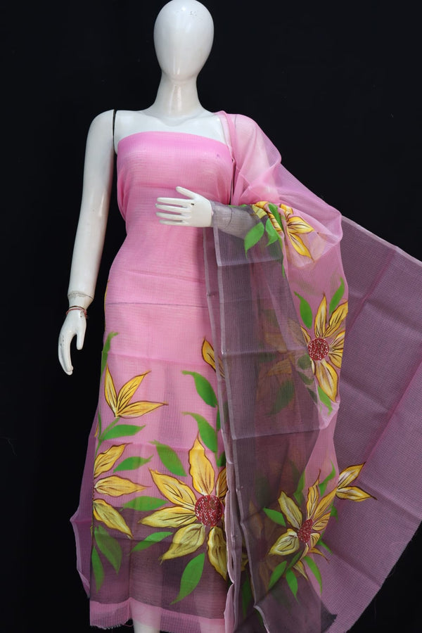 Pure Kota Doriya Hand Brush Print Unstitched Suit With Dupatta & Bottom