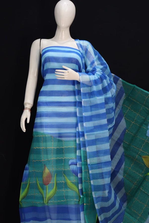 Pure Kota Doriya Hand Brush Print Unstitched Suit With Dupatta & Bottom