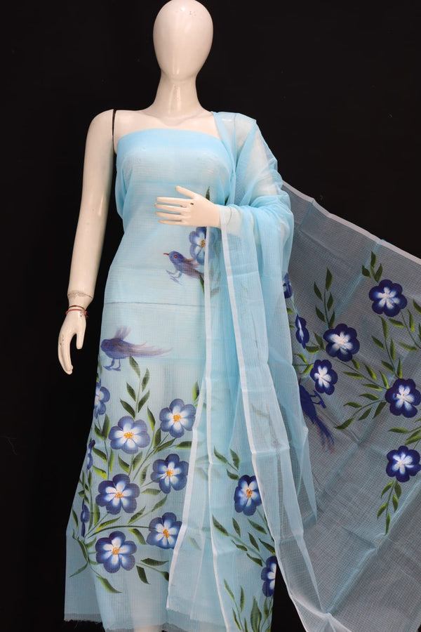 Pure  Kota Doriya Hand Brush Print Unstitched Suit With Dupatta & Bottom