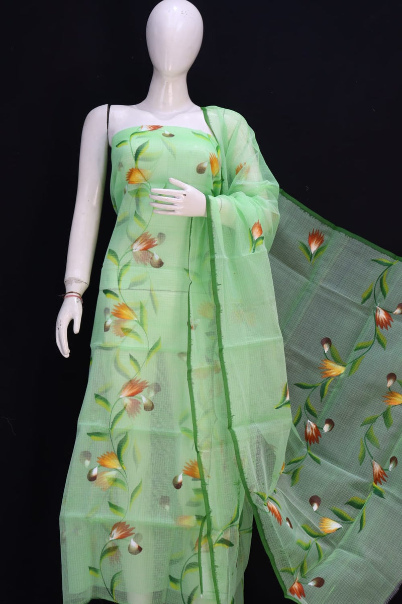 Pure Cotton Kota Doriya Hand Brush Print Unstitched Suit With Dupatta Bottom