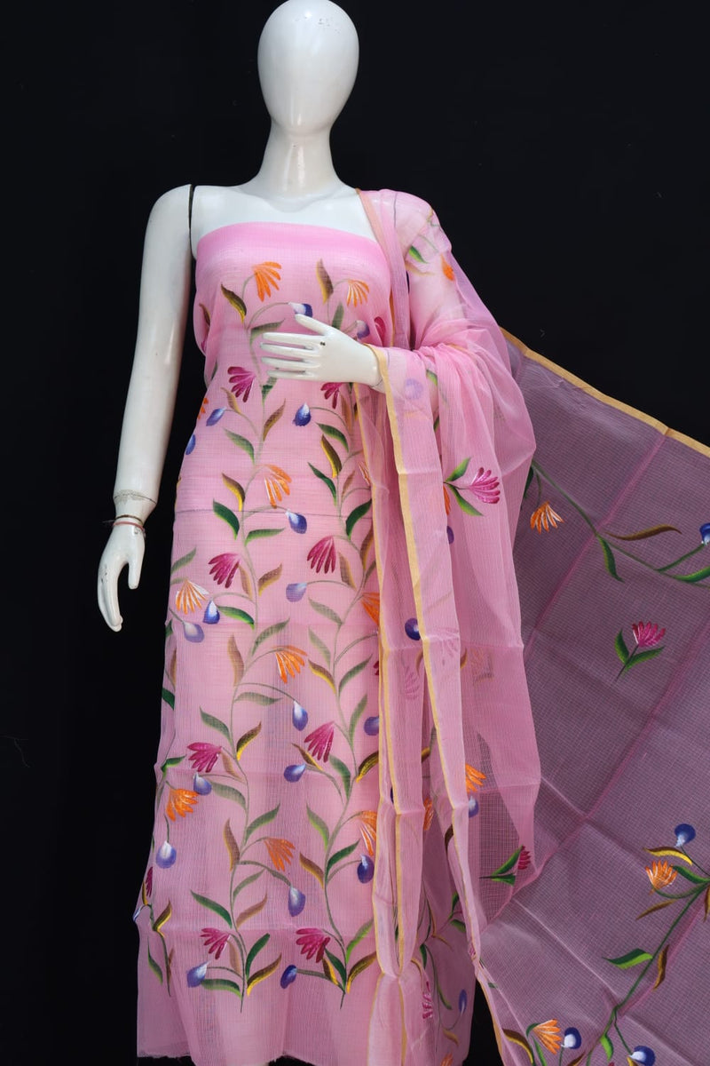 Pure Cotton Kota Doriya Hand Brush Print Unstitched Suit With Dupatta & Bottom