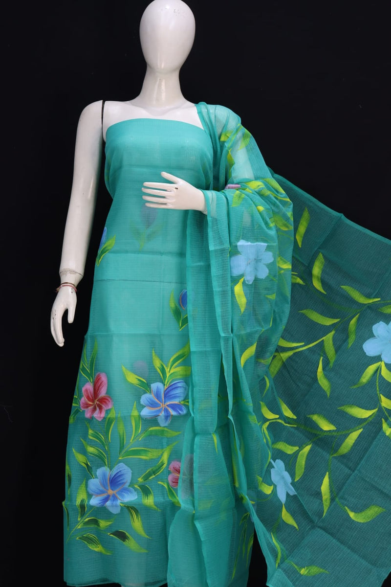 Pure Cotton Kota Doriya Hand Brush Print Unstitched Suit With Dupatta
