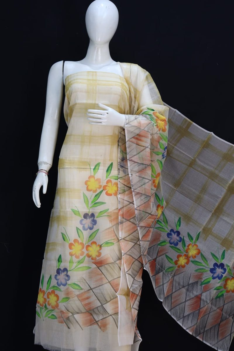 Pure Cotton Kota Doriya Hand Brush Print Unstitched Suit With Dupatta