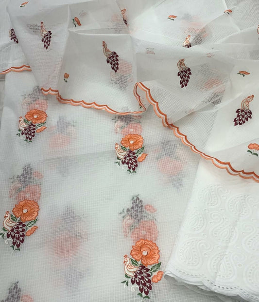 Pure Kota Doriya Embroidery Work Unstitched Suit With Chikankari Bottom.