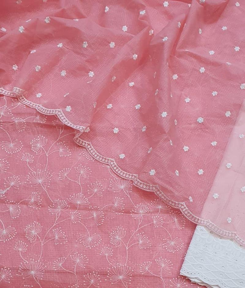 Pure Kota Doriya Embroidery Unstitched Suit With Dupatta (With Bottom )