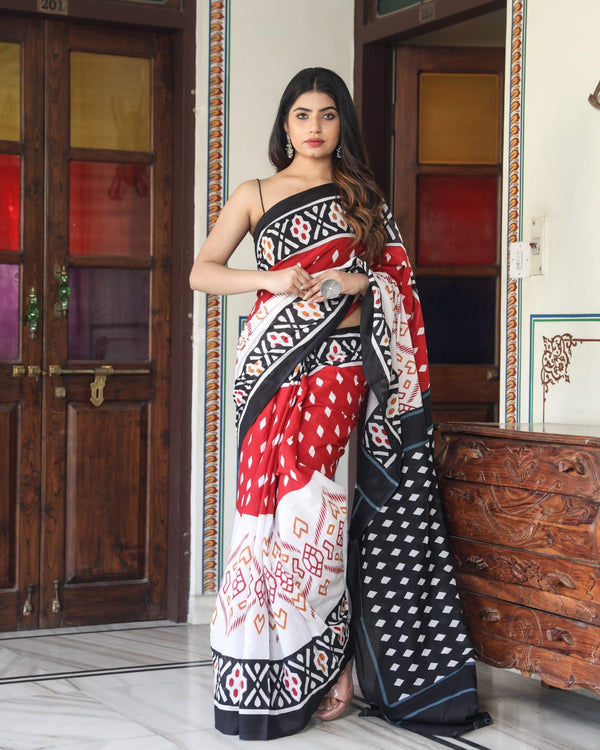 Pure Hand Printed Cotton Sarees With Blouse