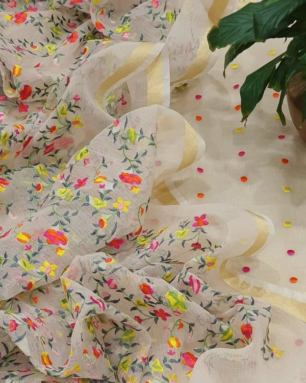 Pure Kota Doriya Embroidery Work Unstitched Suit With Bottom.