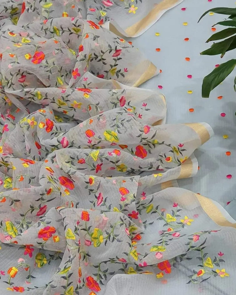 Pure Kota Doriya Embroidery Work Unstitched Suit With Bottom.