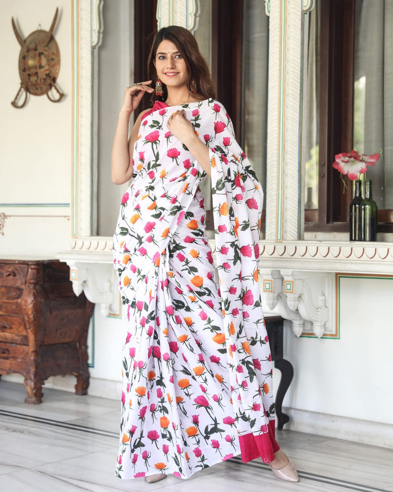 Pure Hand Printed Cotton Sarees With Blouse