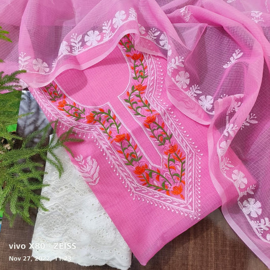 Pure Kota Doriya Embroidery Work Unstitched Suit With Chikankari Bottom.