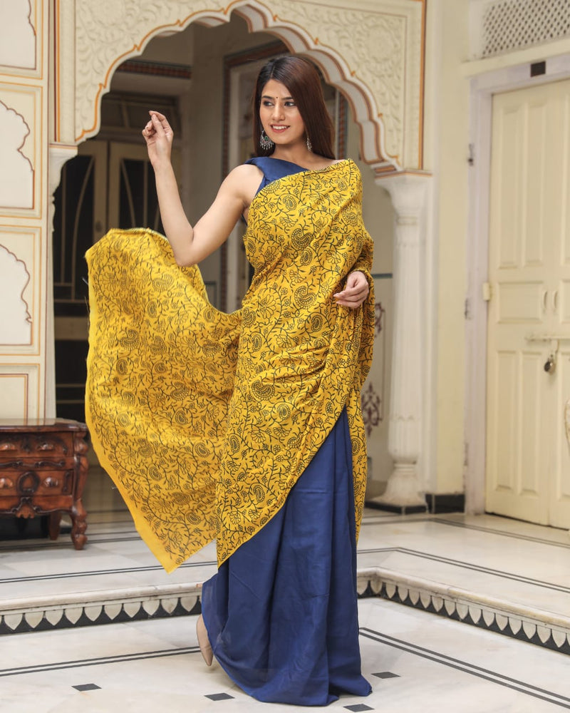 Pure Hand Printed Cotton Sarees With Blouse