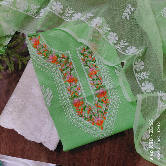 Pure Kota Doriya Embroidery Work Unstitched Suit With Chikankari Bottom.