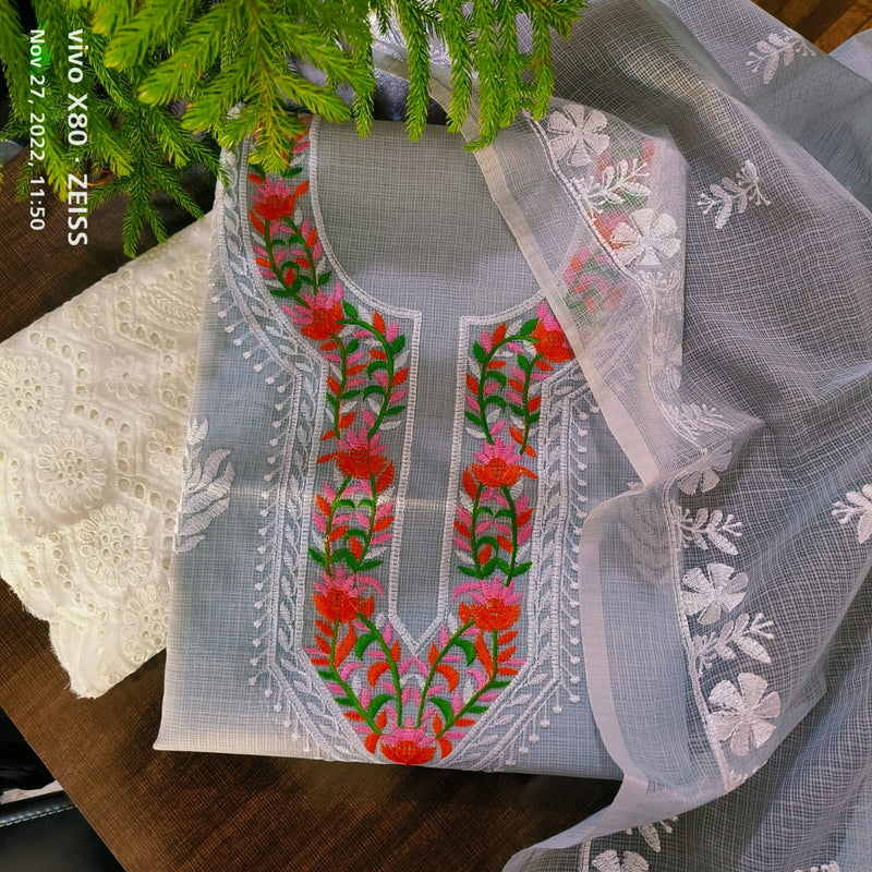 Pure Kota Doriya Embroidery Work Unstitched Suit With Chikankari Bottom.