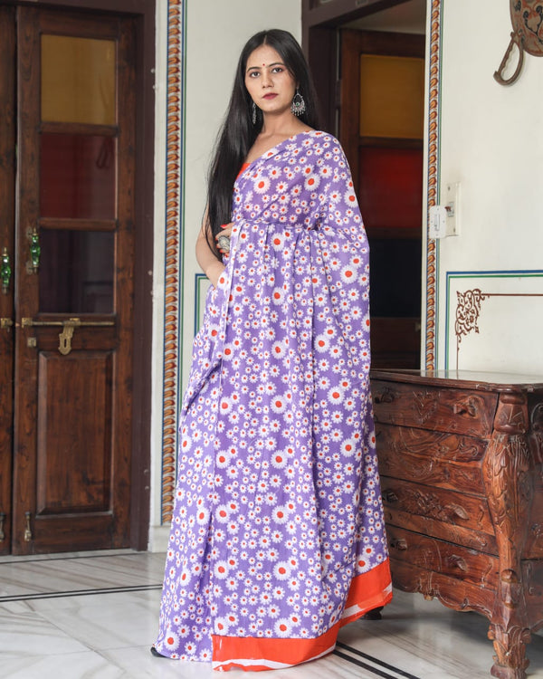 Pure Hand Printed Cotton Sarees With Blouse