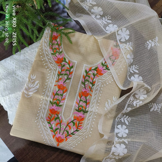Pure Kota Doriya Embroidery Work Unstitched Suit With Chikankari Bottom.