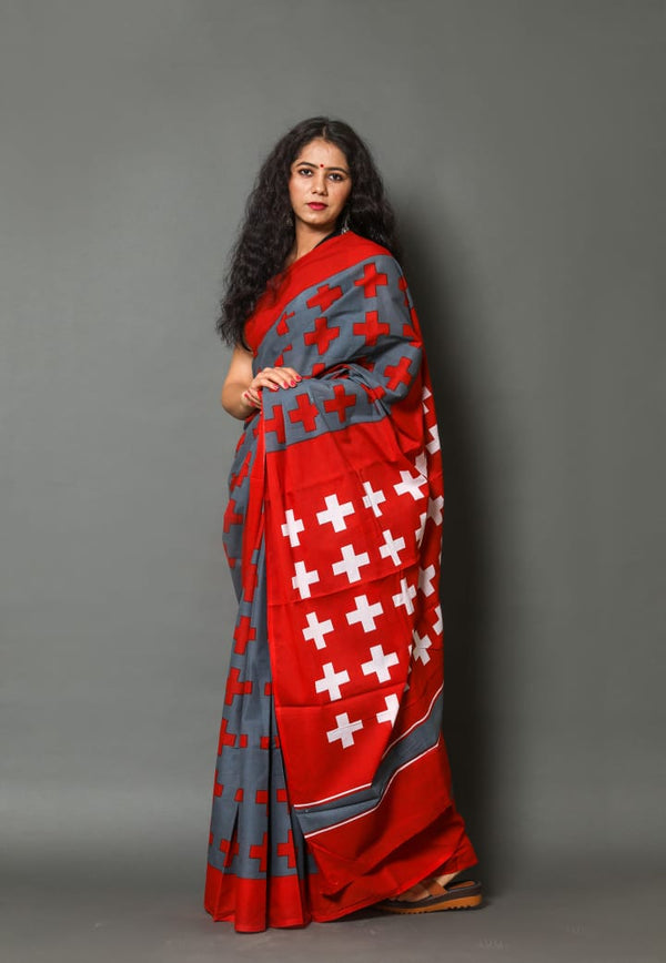 Pure Hand Printed Cotton Sarees With Blouse