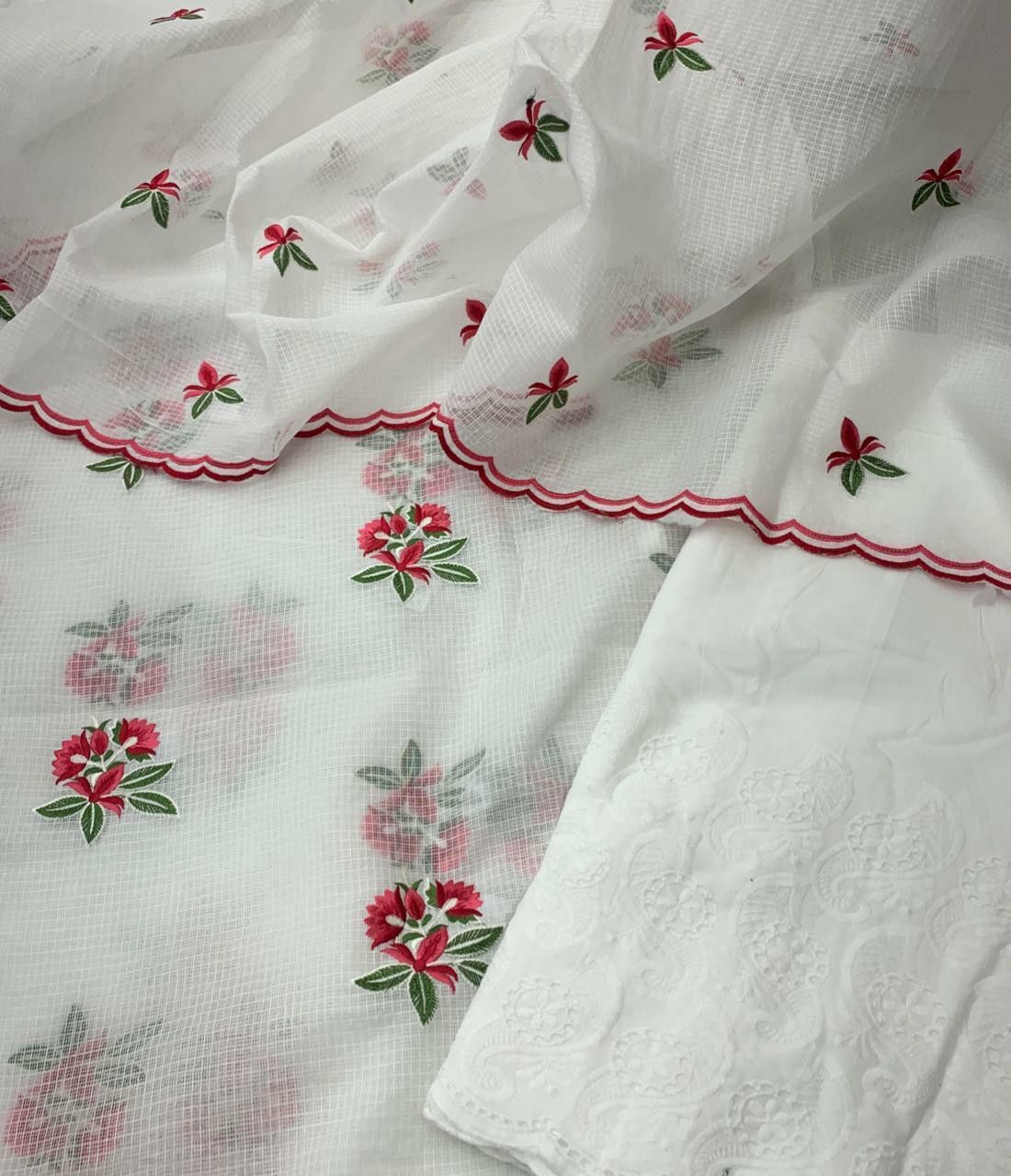 Pure Kota Doriya Embroidery Work Unstitched Suit With Chikankari Bottom.