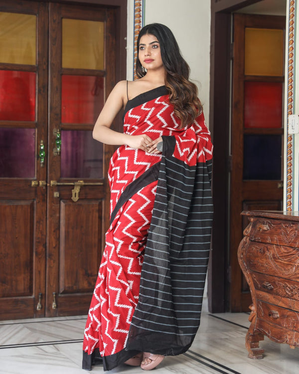 Pure Hand Printed Cotton Sarees With Blouse