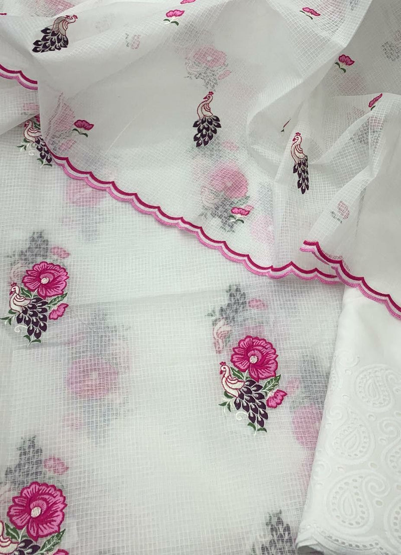 Pure Kota Doriya Embroidery Work Unstitched Suit With Chikankari Bottom.