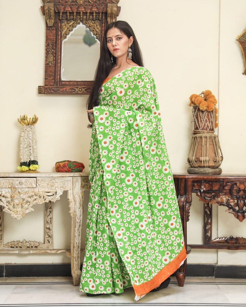 Pure Hand Printed Cotton Sarees With Blouse