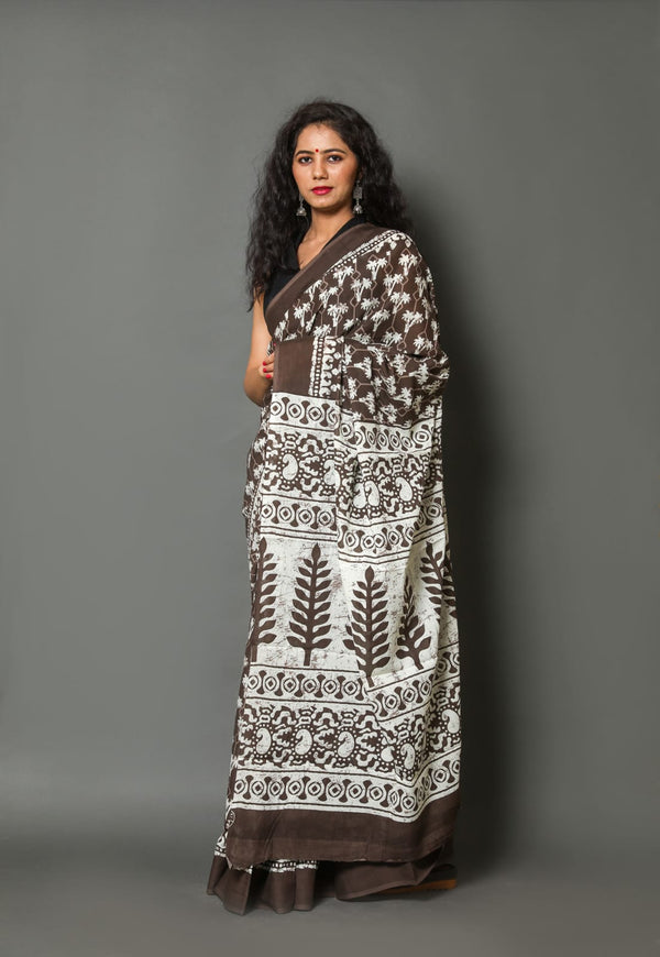 Pure Hand Printed Cotton Sarees With Blouse