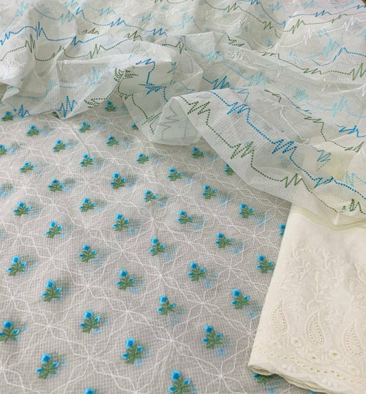 Pure Kota Doriya Embroidery Work Unstitched Suit With Chikankari Bottom.