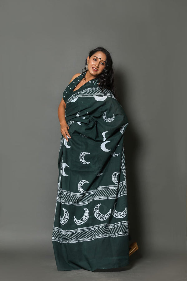 Pure Hand Printed Cotton Sarees With Blouse