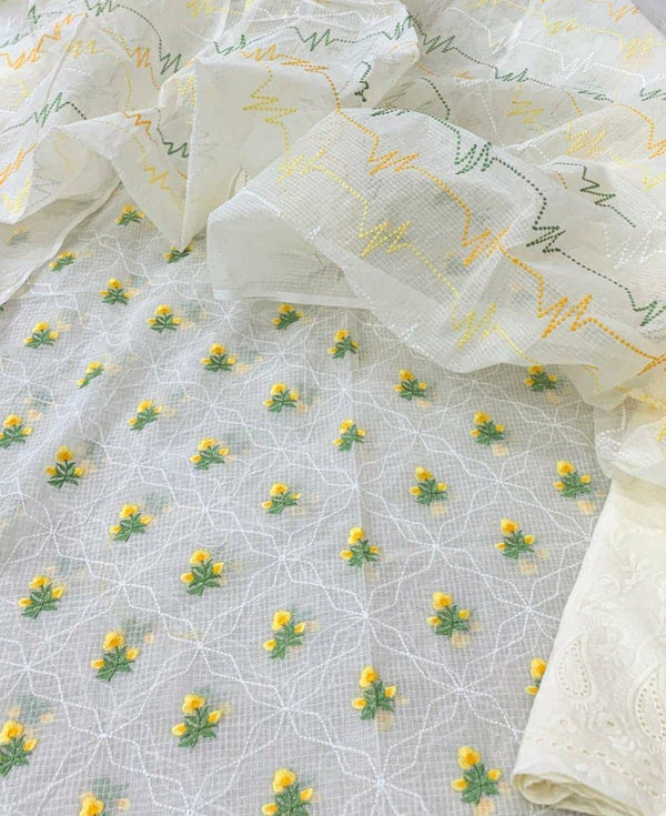 Pure Kota Doriya Embroidery Work Unstitched Suit With Chikankari Bottom.