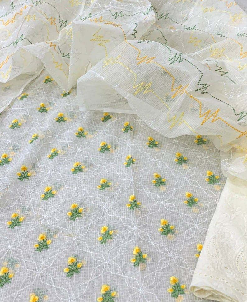 Pure Kota Doriya Embroidery Work Unstitched Suit With Chikankari Bottom.